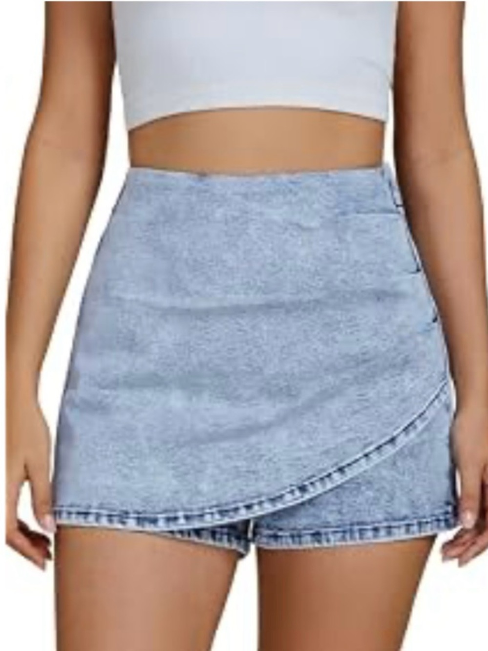 Light Blue Denim Wrap Pull On Casual Stretch Skort